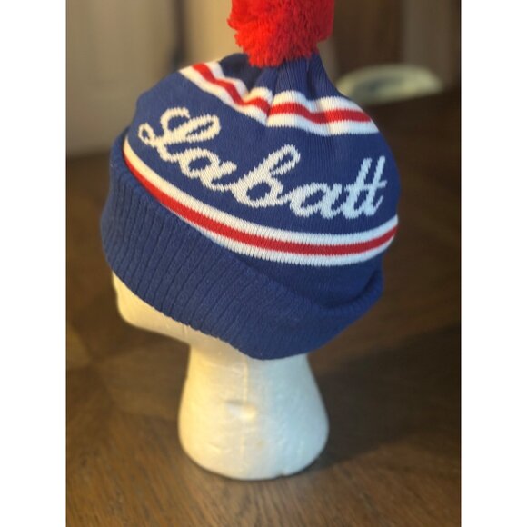 Labatt Blue Beanie With Pom Pom Red White Stripes Warm Acrylic Hat - Picture 3 of 5